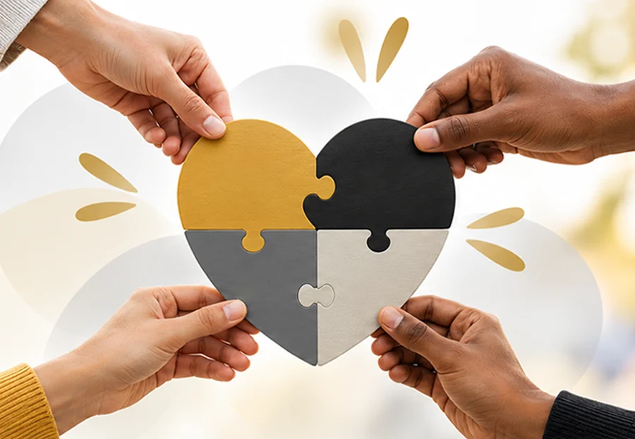 Hands joining puzzle pieces into a heart