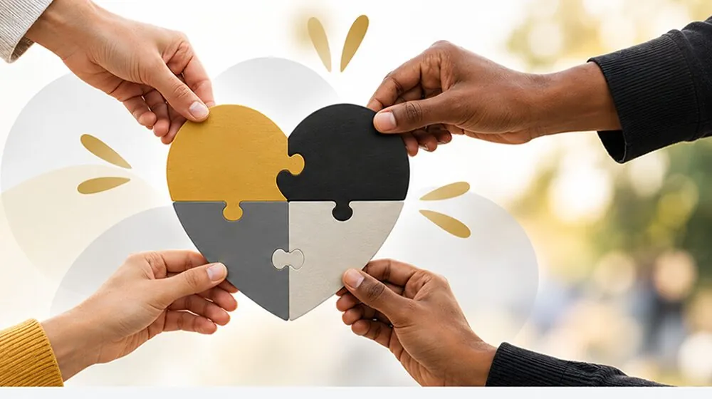 Hands joining puzzle pieces into a heart