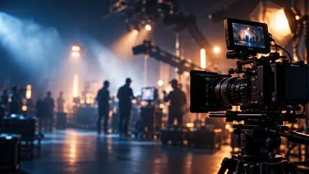 Film camera on a production set with stage lighting