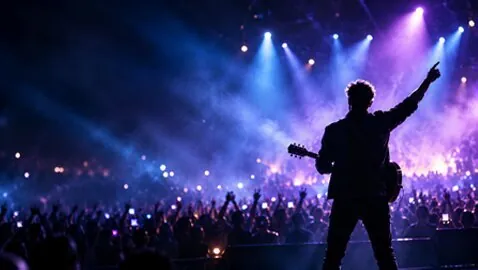 Performer on stage in front of a concert crowd under stage lights